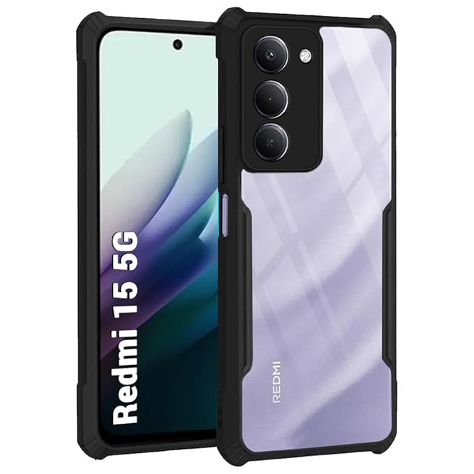 Shockproof Crystal Clear Back Cover Case for Mi Redmi 15 5G | 360 Degree Protection | Protective Design | Transparent Back Cover Case for Redmi 15 5G (PC & TPU, Black Bumper) - Buy Online at Indezaar