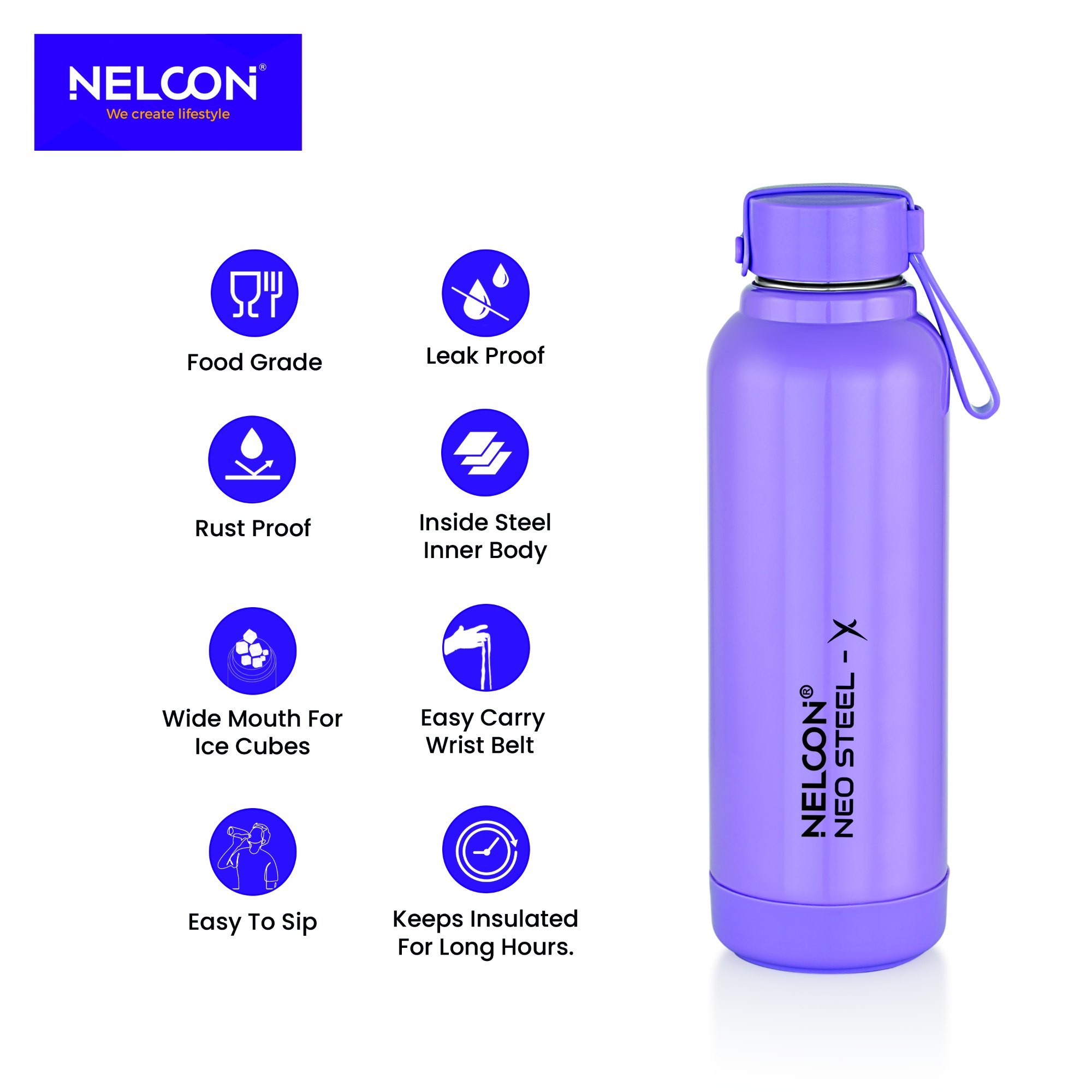 Nelcon Neo Steel-X 900 ml Insulated Water Bottle – Double Wall Stainless Steel | Hot & Cold | Leak-Proof | Purple Image 2