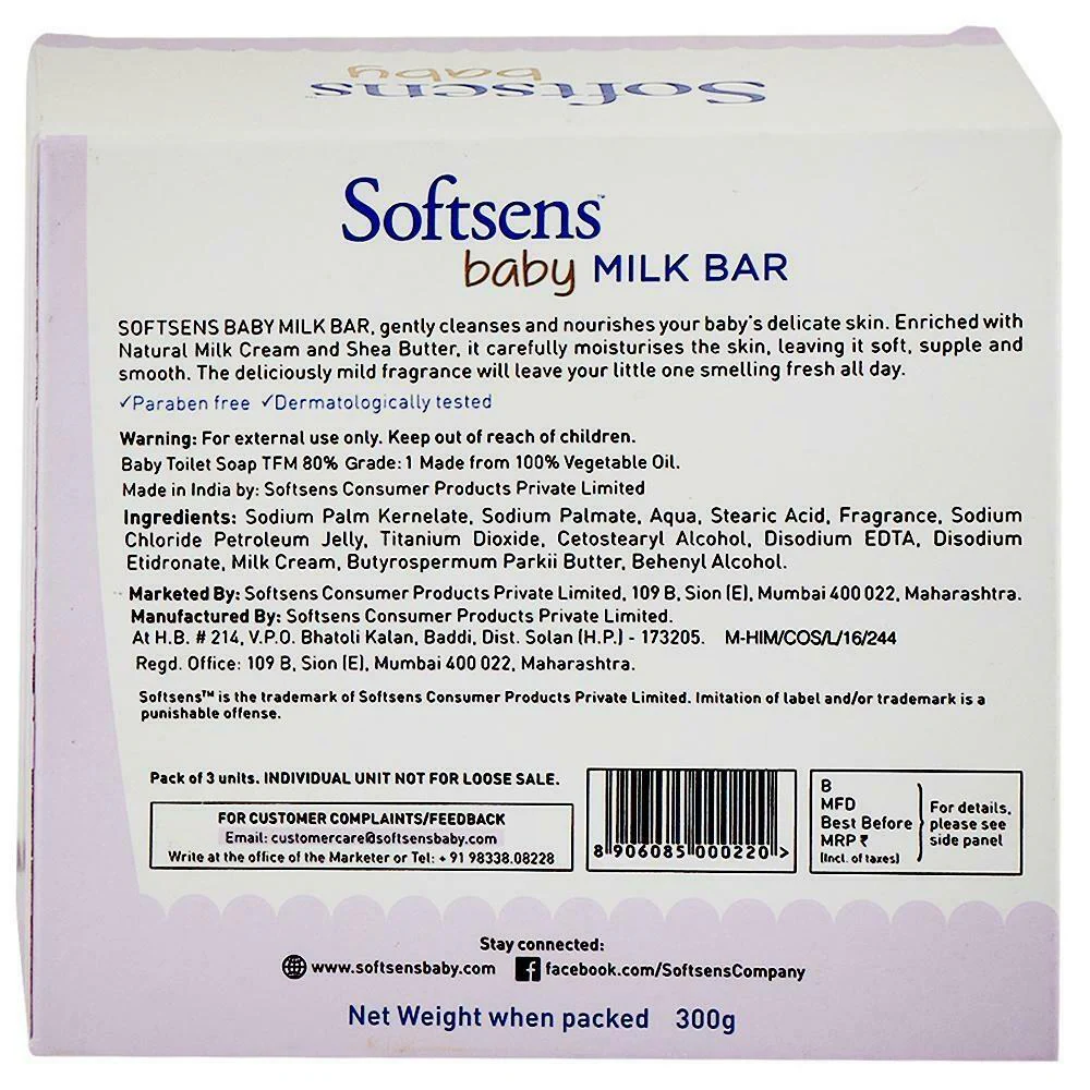 Softsens Baby Milk Bar Soap 100 g (Pack of 3) Image 2