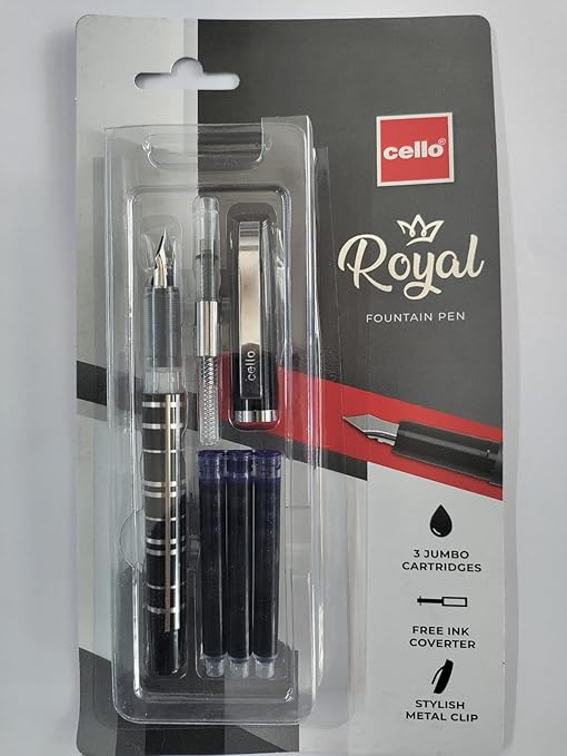 Cello Royal Fountain Pen - with 3 Jumbo Cartridges - Free Ink Coverter - Stylish Matal Clip - Blue Ink - (Pack of 1) - Buy Online at Indezaar